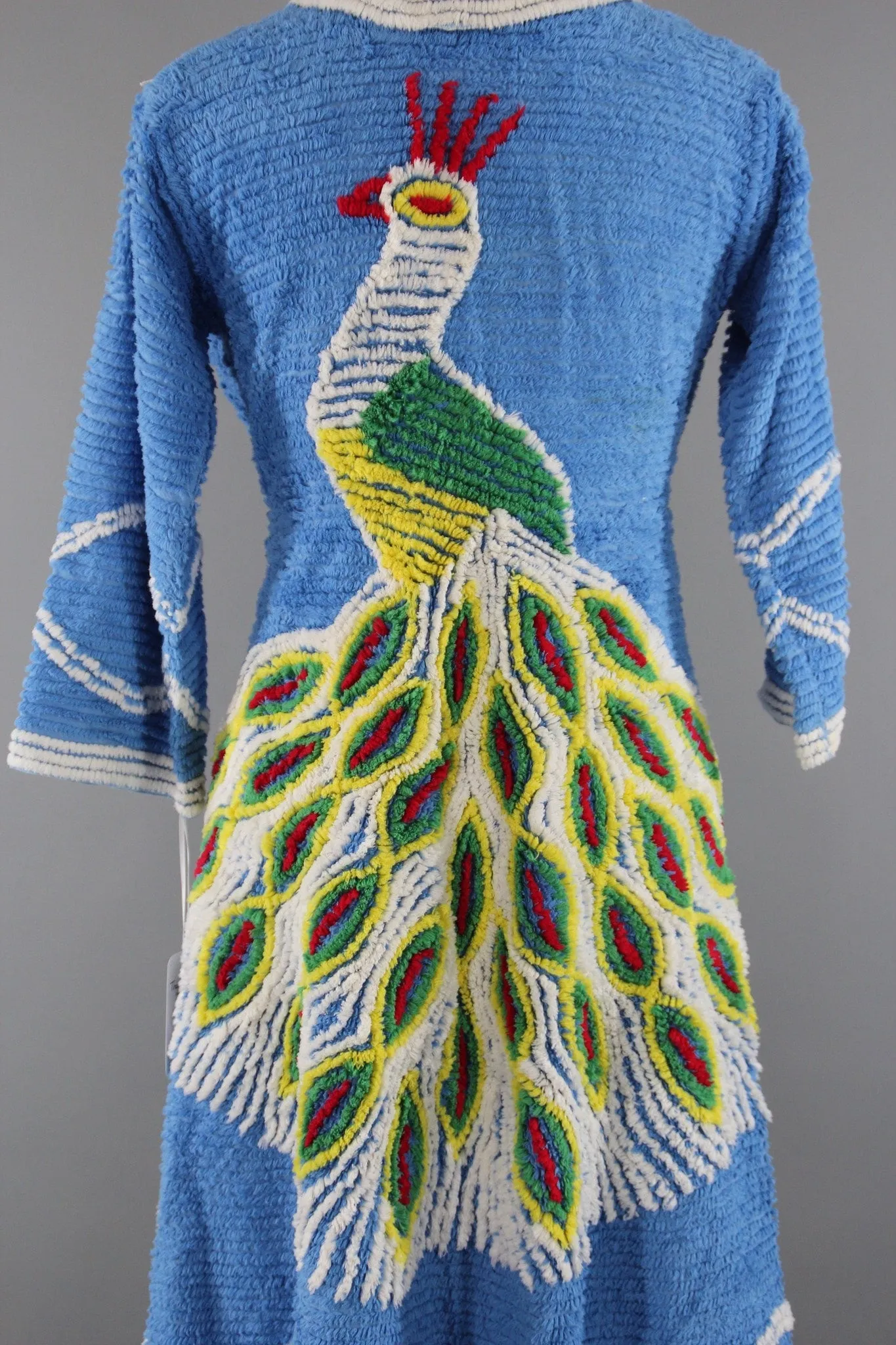 Vintage 1940s Chenille Robe with Blue Peacock