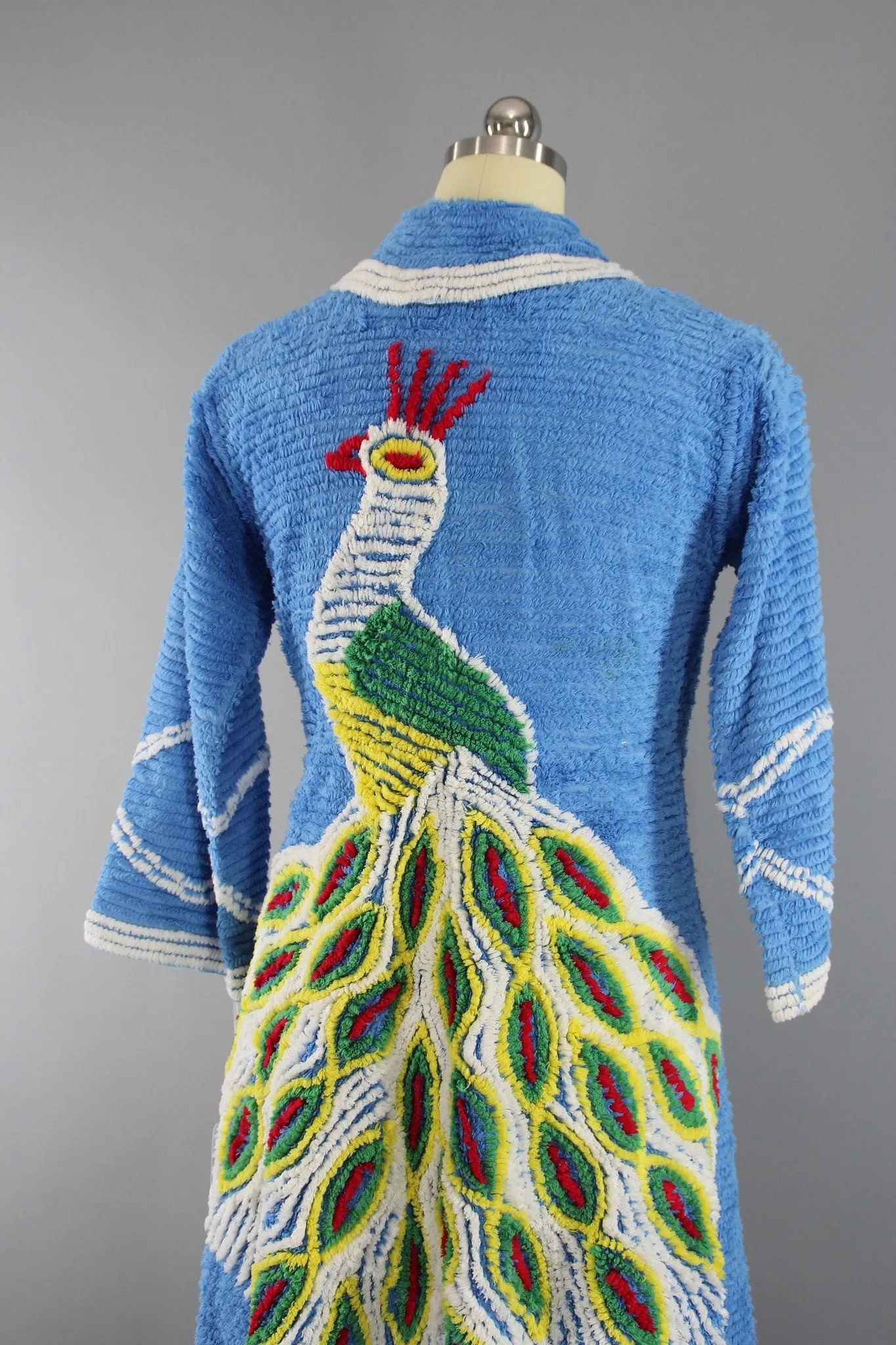 Vintage 1940s Chenille Robe with Blue Peacock