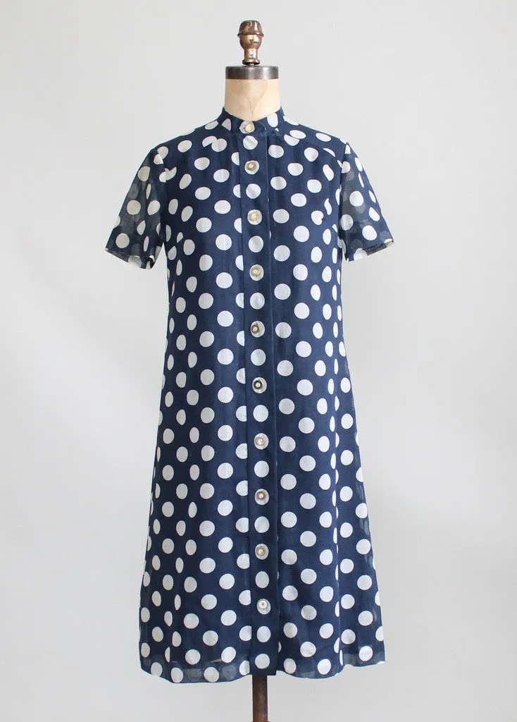 Vintage 1960s Rona Navy Polka Dot Shirt Dress