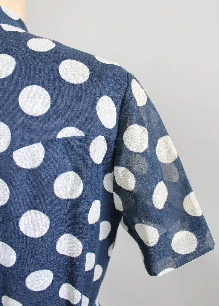 Vintage 1960s Rona Navy Polka Dot Shirt Dress