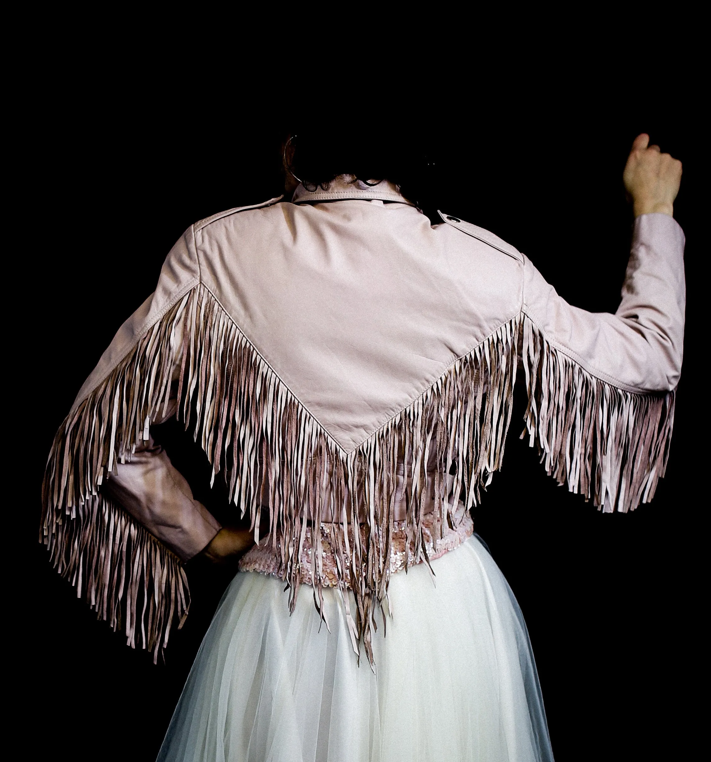 Vintage 1980s Baby Pink Fringed Leather Biker Jacket