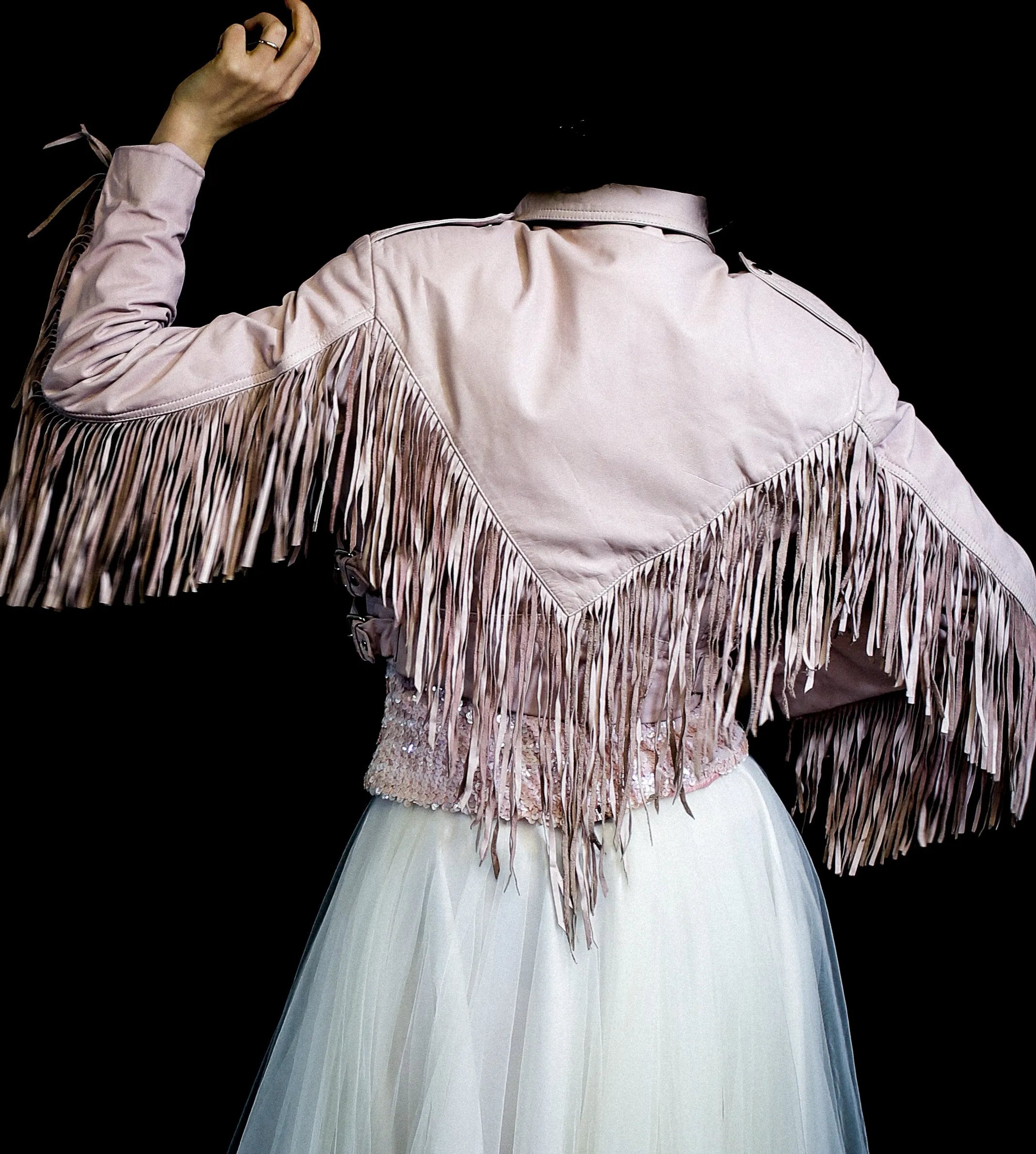 Vintage 1980s Baby Pink Fringed Leather Biker Jacket