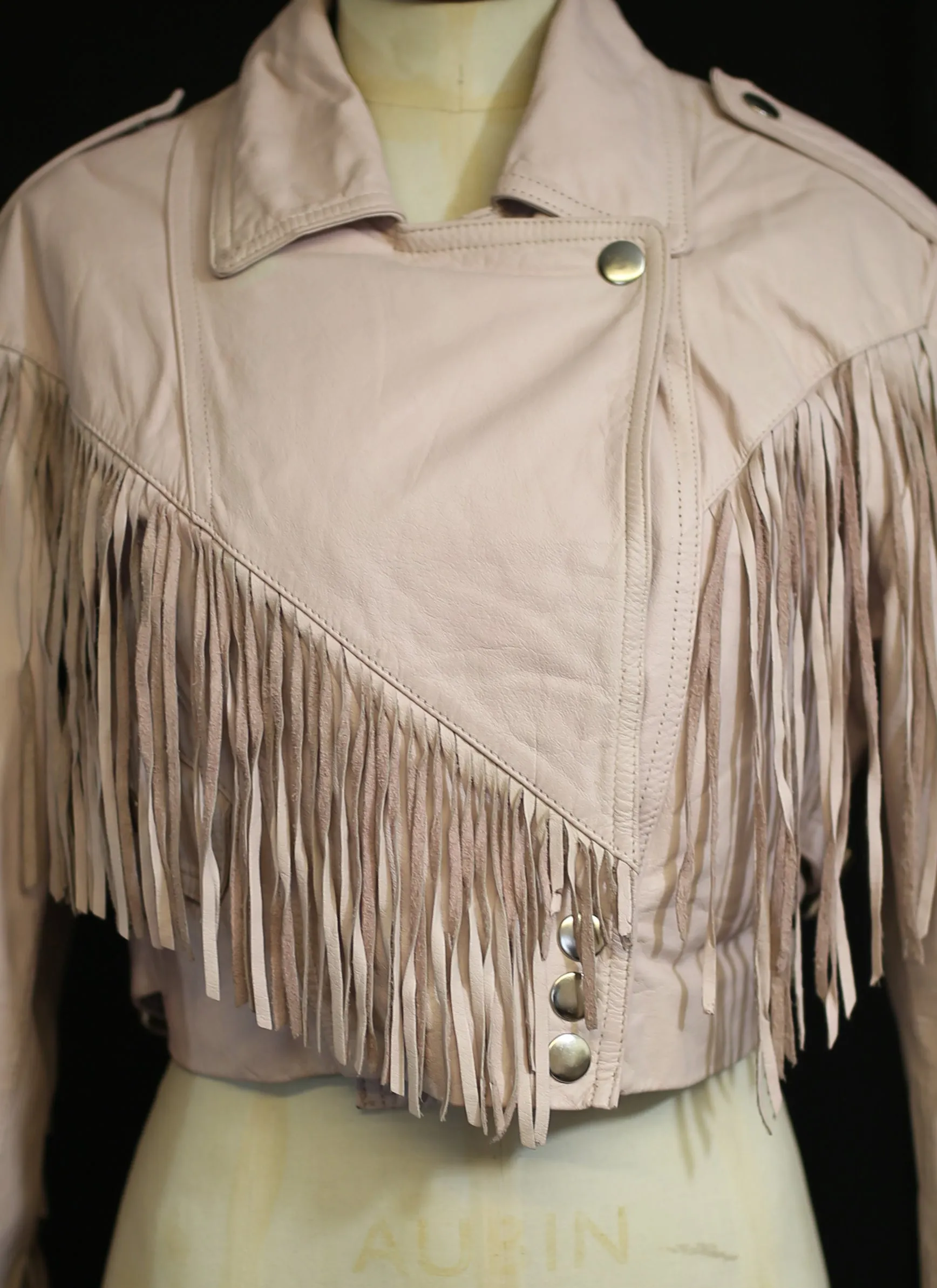 Vintage 1980s Baby Pink Fringed Leather Biker Jacket