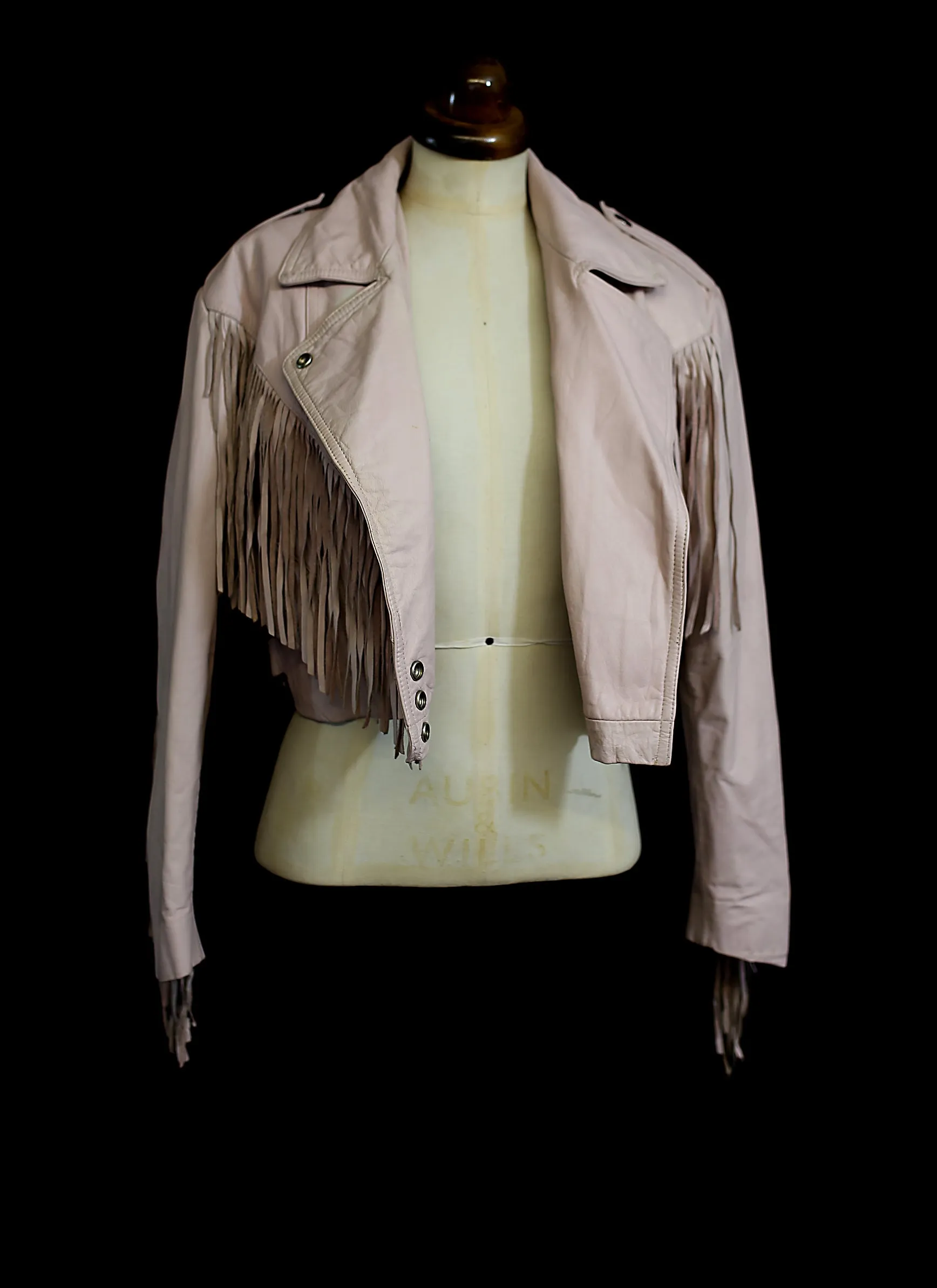 Vintage 1980s Baby Pink Fringed Leather Biker Jacket