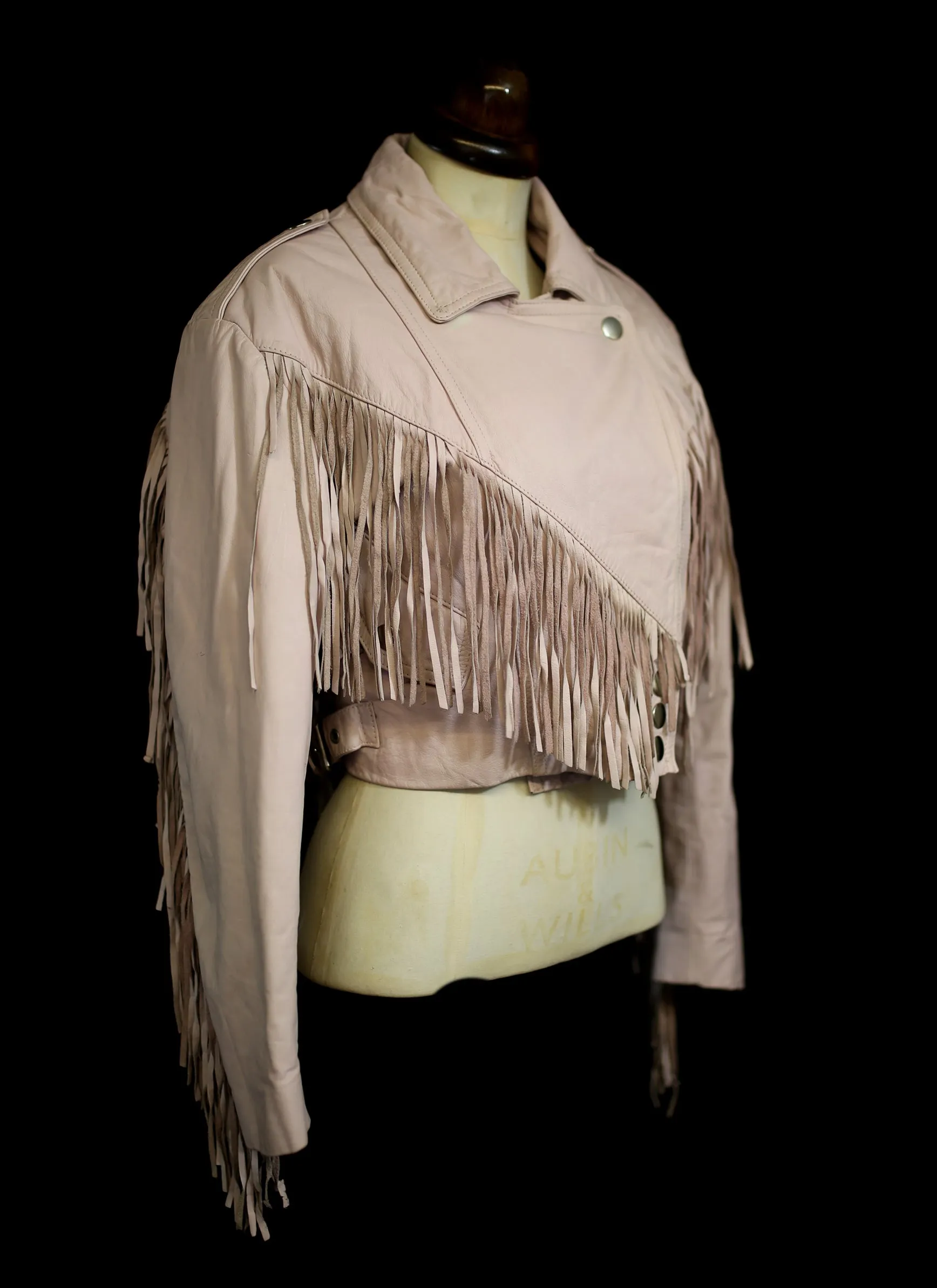 Vintage 1980s Baby Pink Fringed Leather Biker Jacket