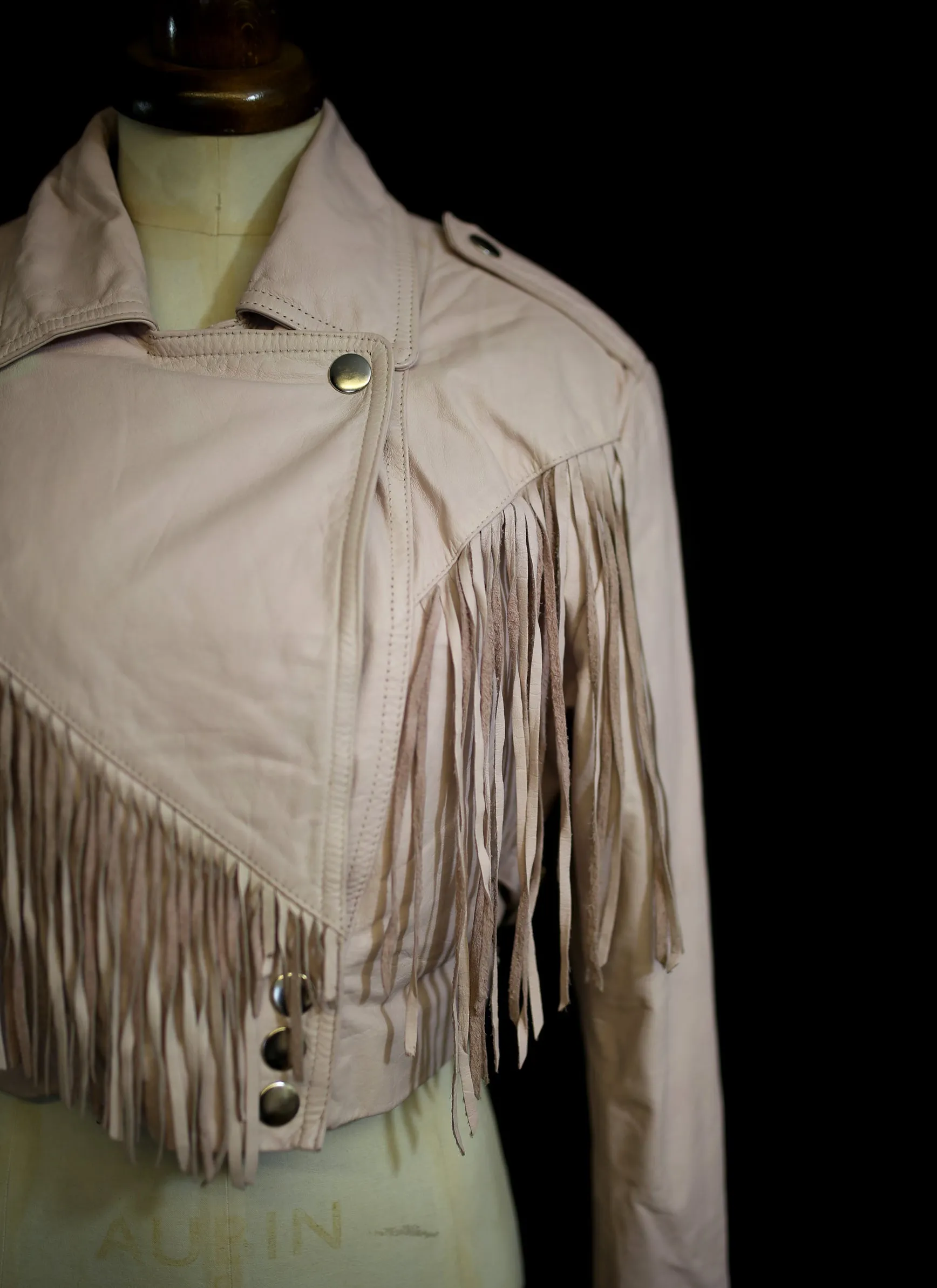 Vintage 1980s Baby Pink Fringed Leather Biker Jacket