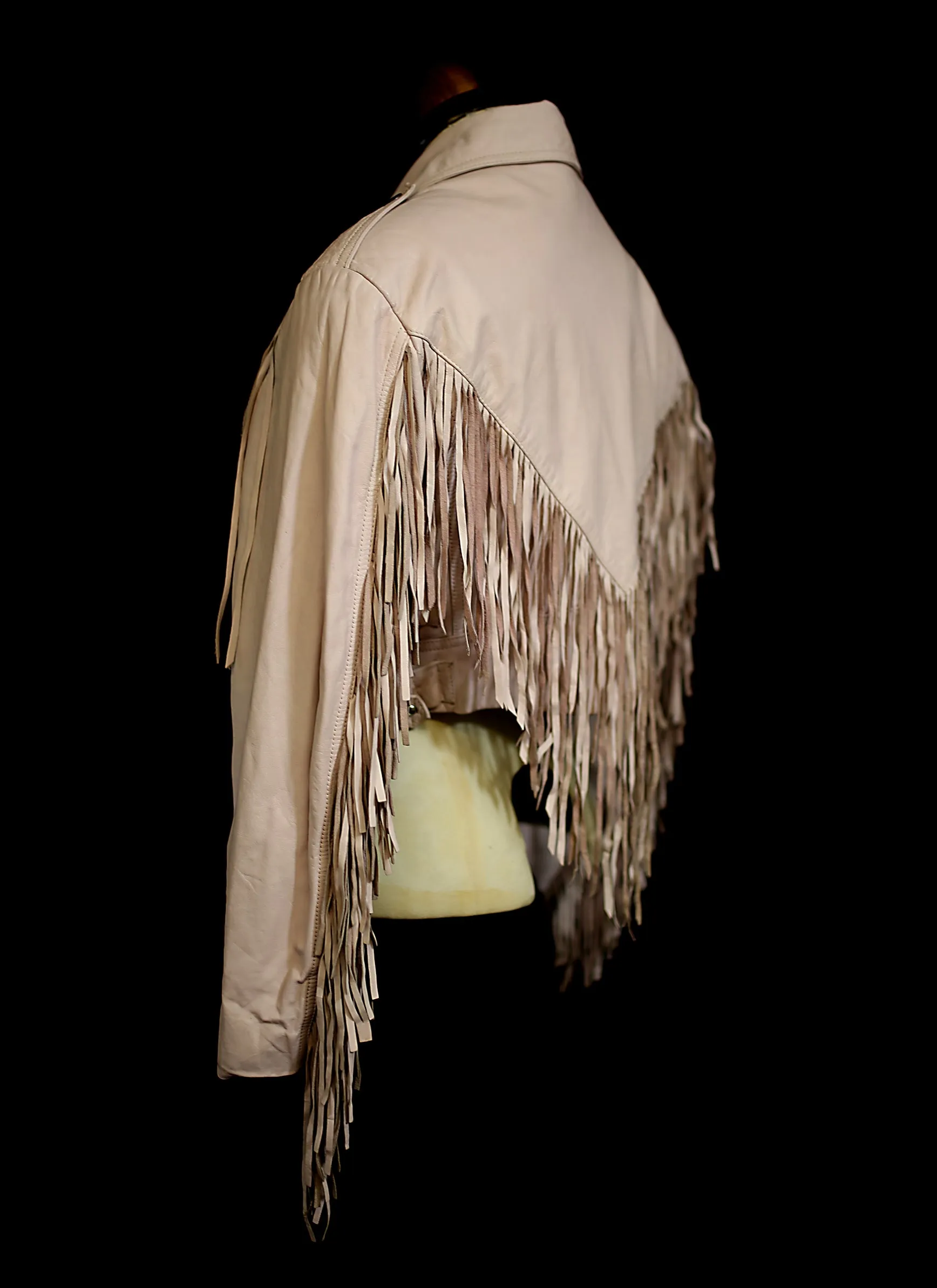 Vintage 1980s Baby Pink Fringed Leather Biker Jacket