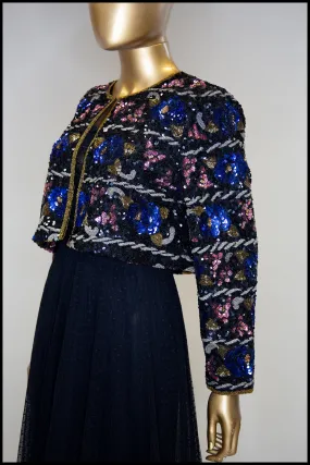 Vintage 1980s Blue Beaded Cropped Jacket