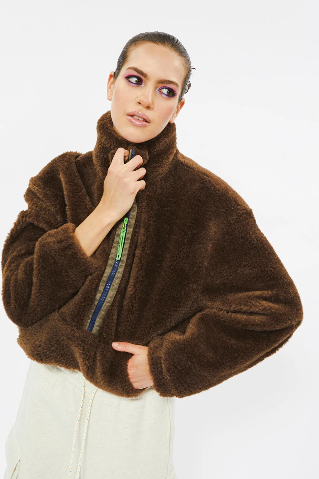 Vintage Brown Half-Zip Faux Fur Jacket