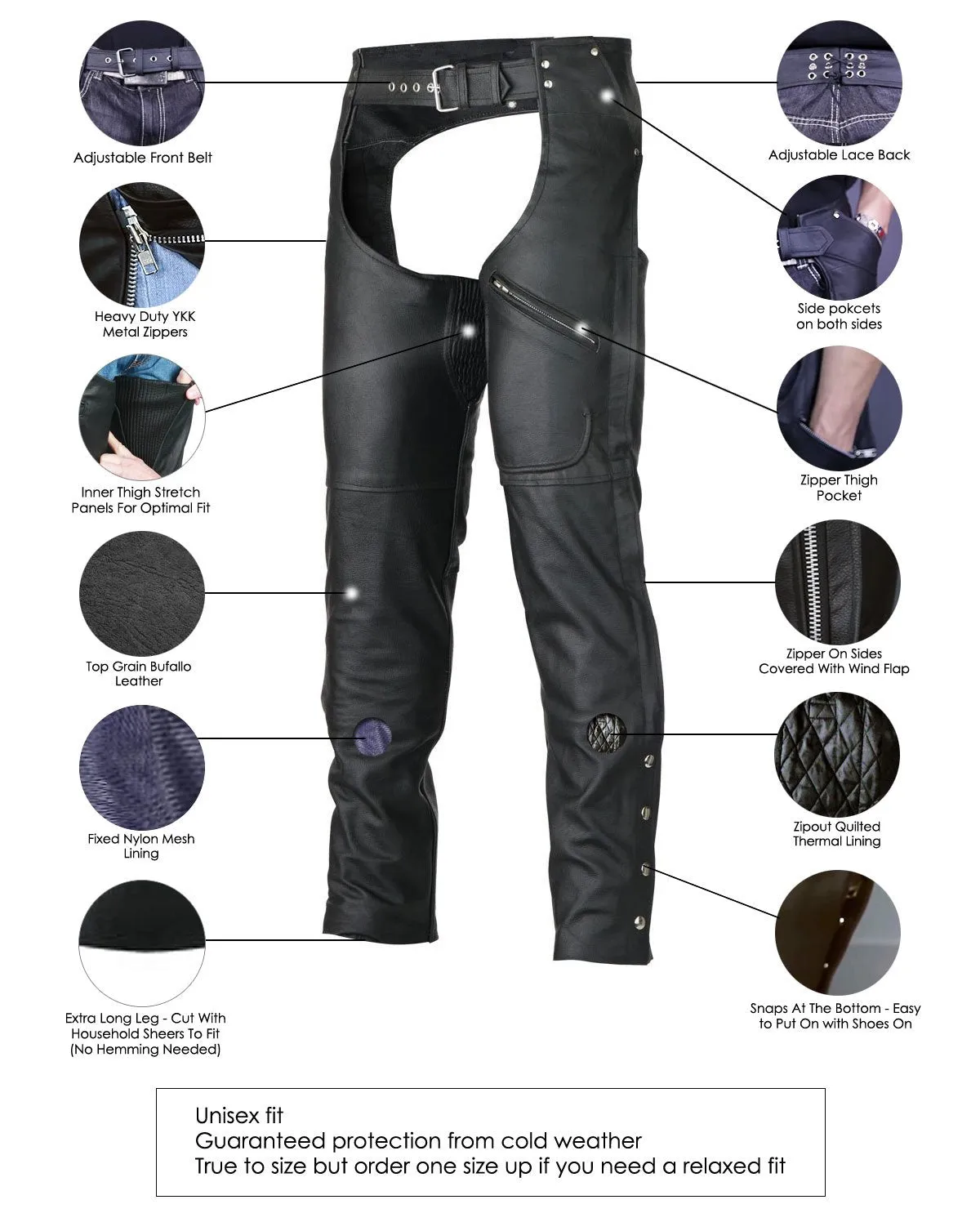 VL804S Zip-Out Insulated Pant Style Zipper Pocket Leather Chaps