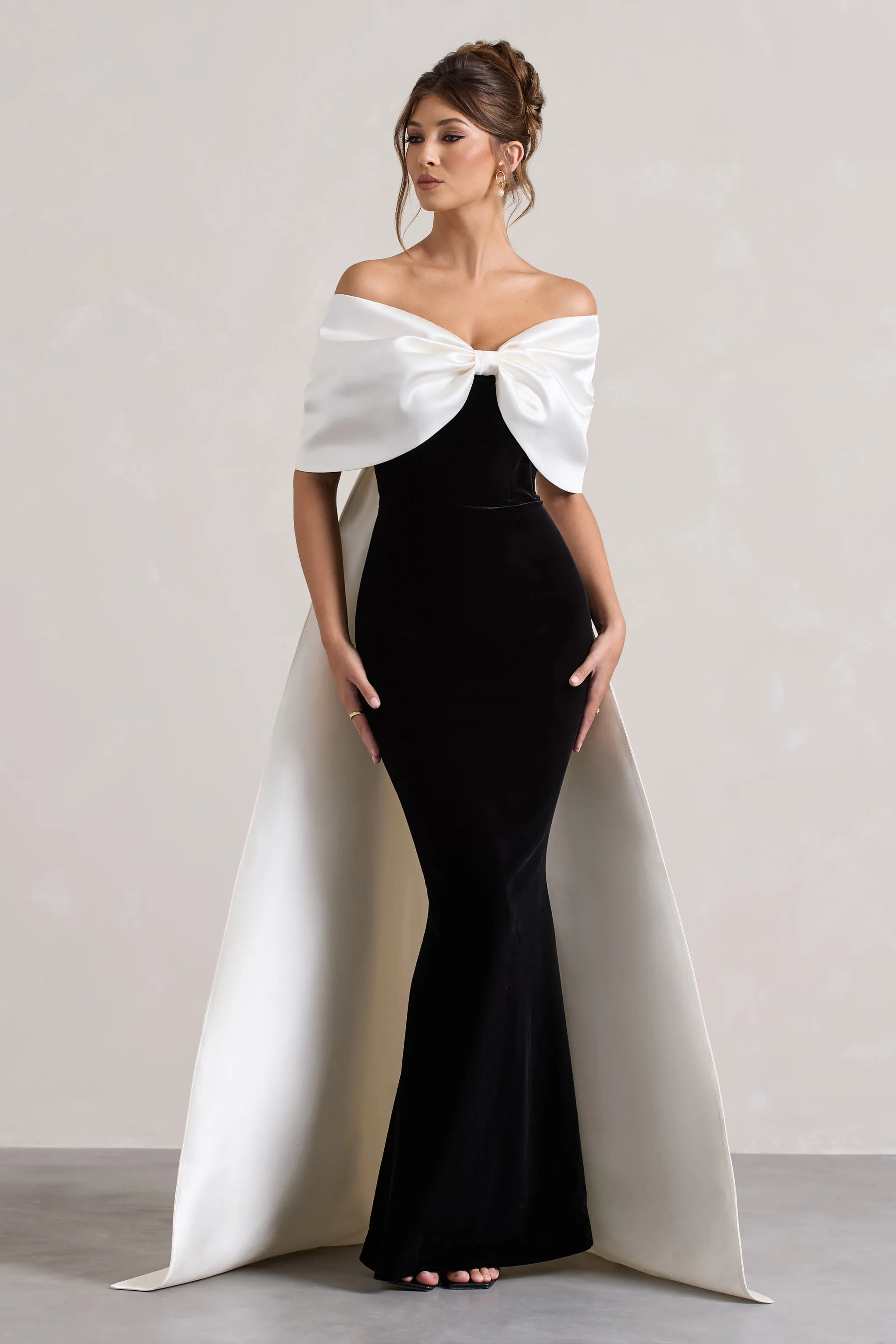 Wanting More | Black & White Satin Cape Maxi Dress With Oversized Bow