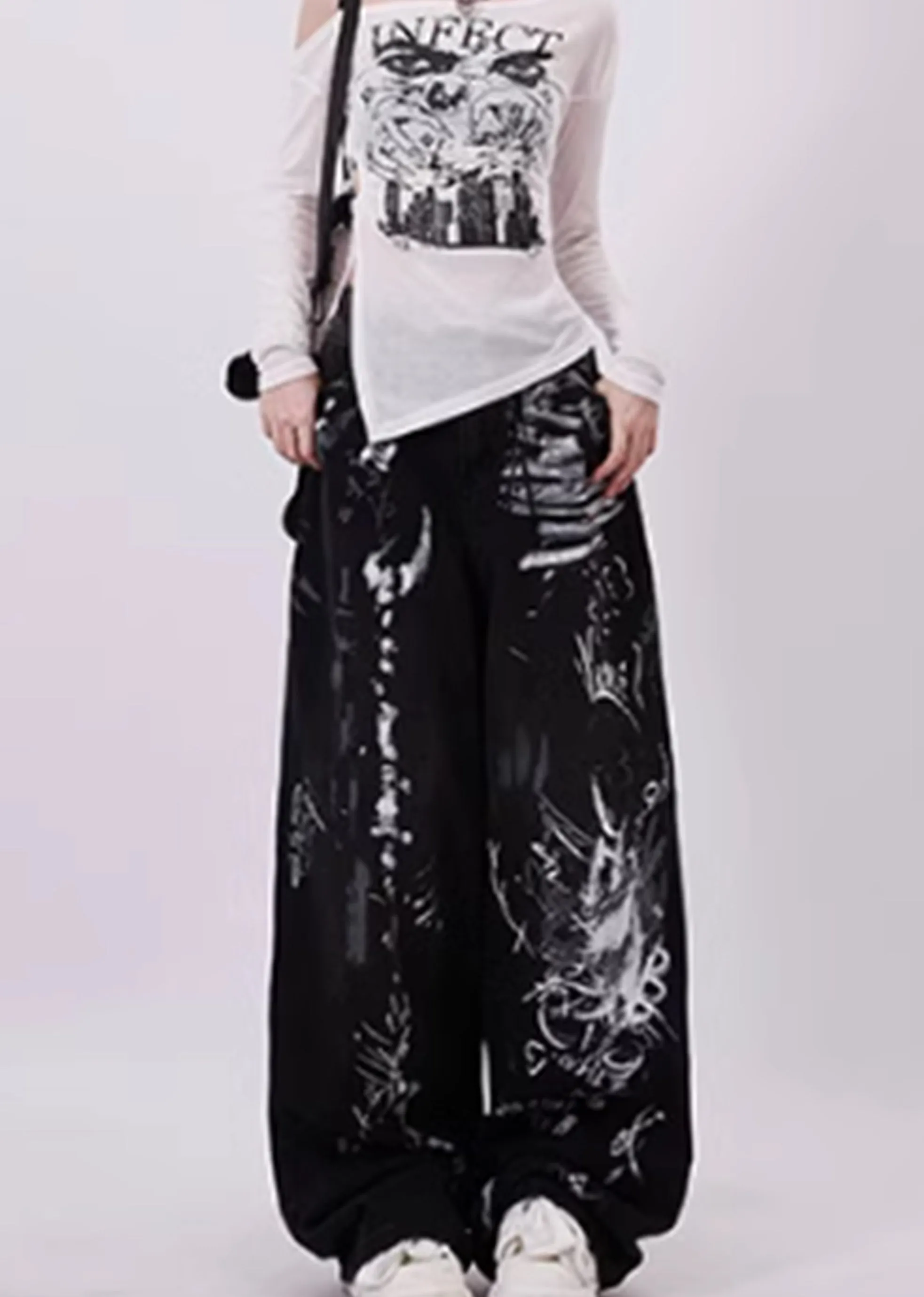 Wenkouban Black grunge graffiti print baggy jeans