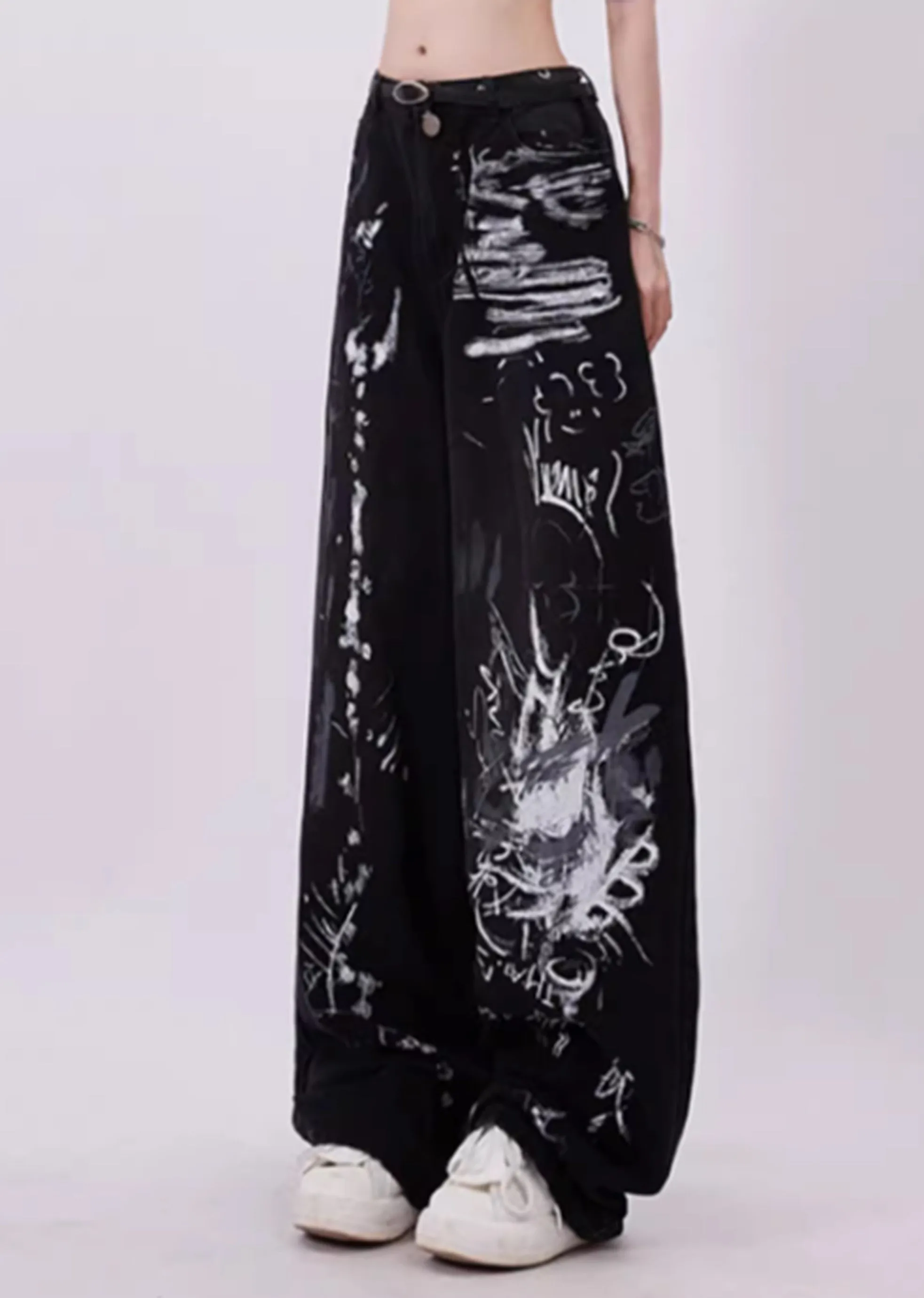 Wenkouban Black grunge graffiti print baggy jeans