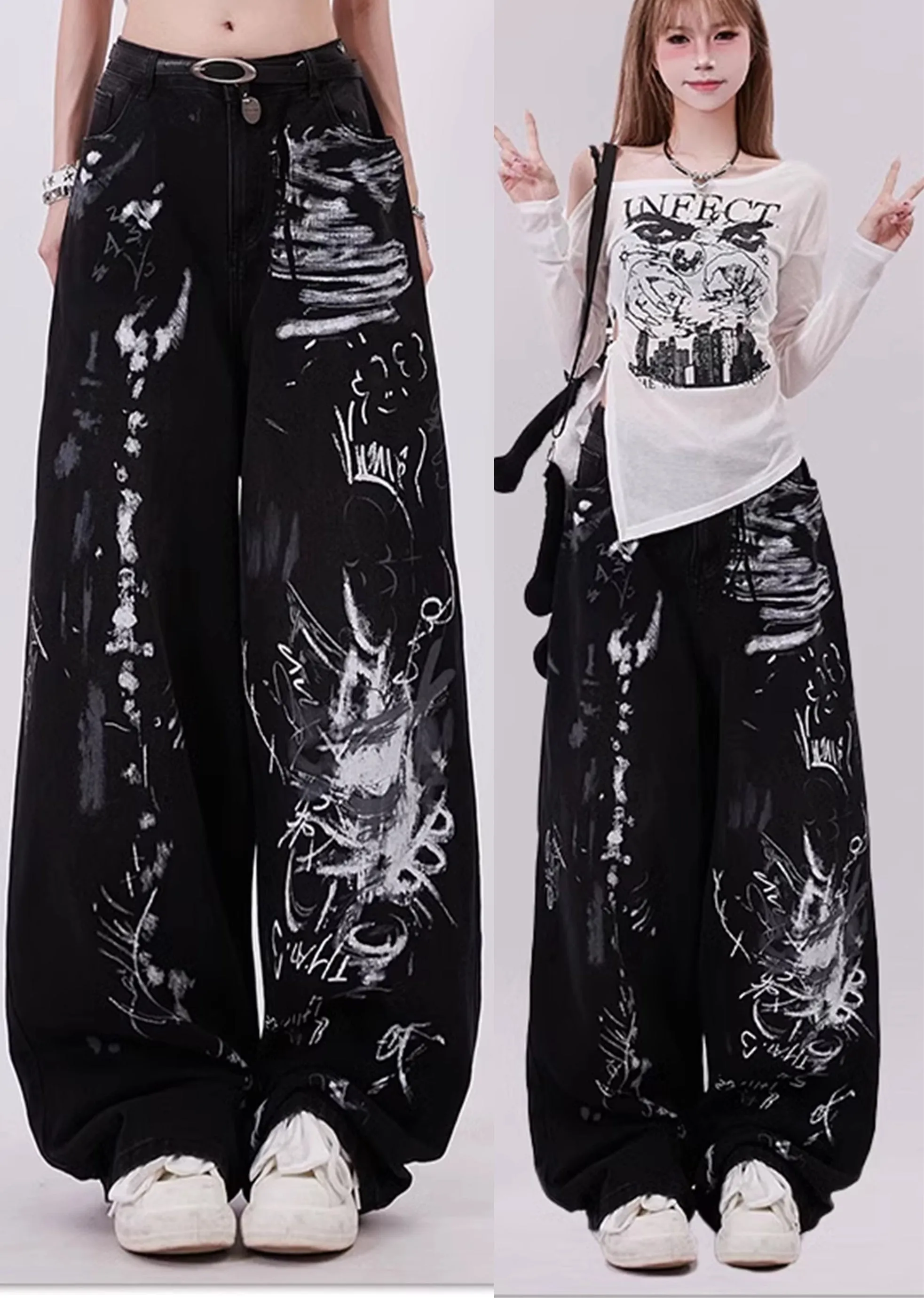 Wenkouban Black grunge graffiti print baggy jeans