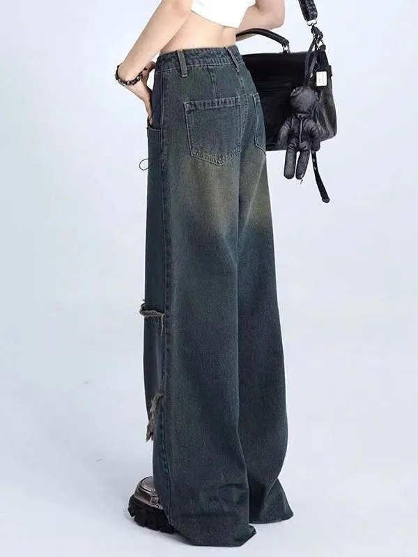 Wenkouban Vintage boyfriend jeans with raw hem and star patchwork