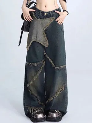 Wenkouban Vintage boyfriend jeans with raw hem and star patchwork