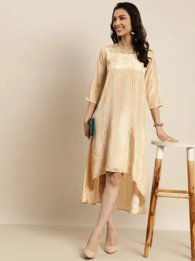 Women Beige Geometric High Low Dress