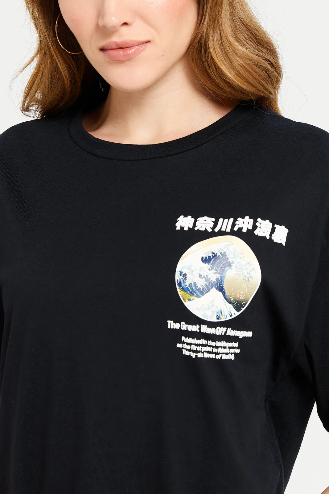 Women Black Hokusai Printed T-Shirt