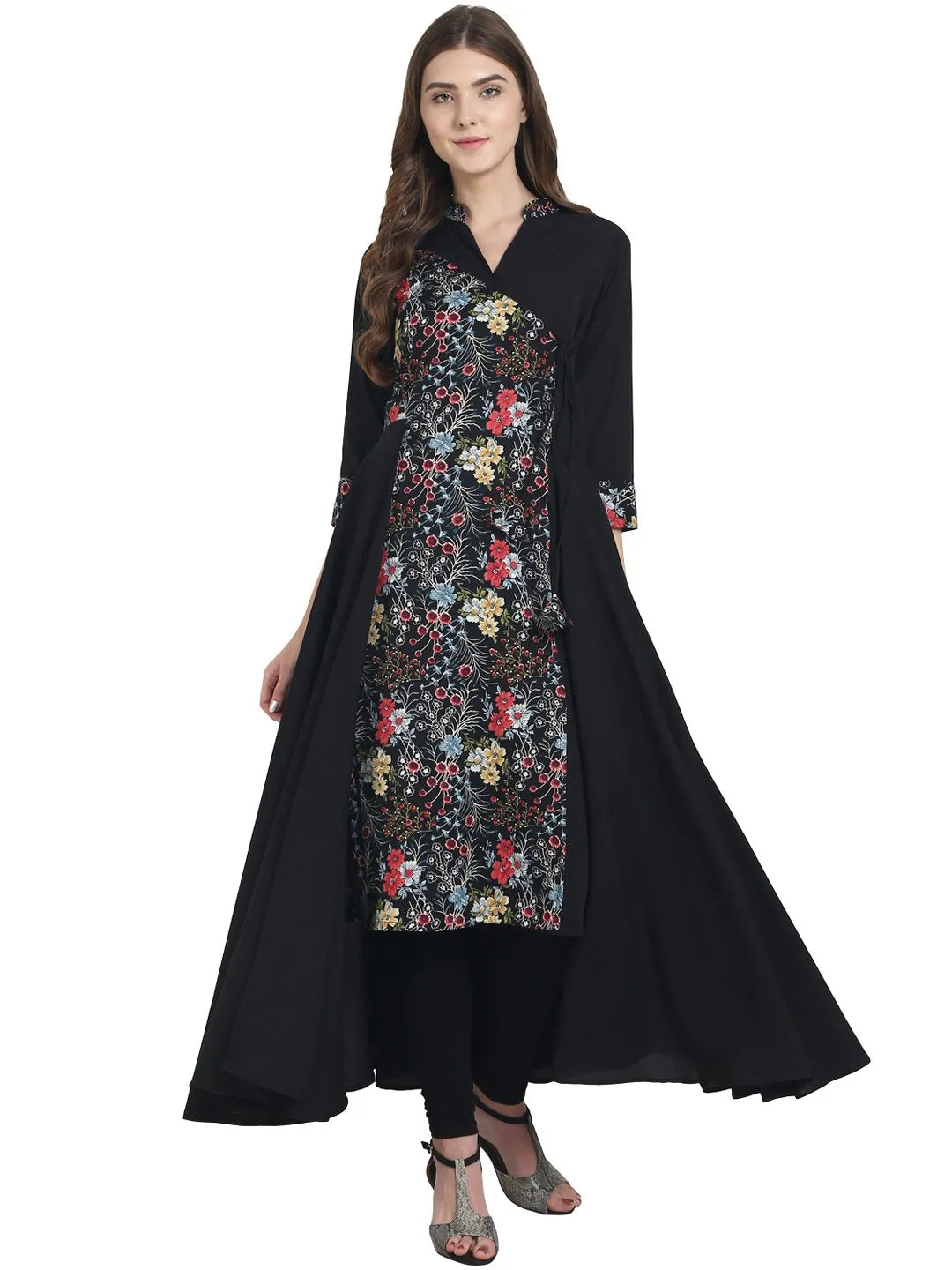 Women Black Printed 3/4Th Sleeve Crepe Cape Style Anarkali Kurta