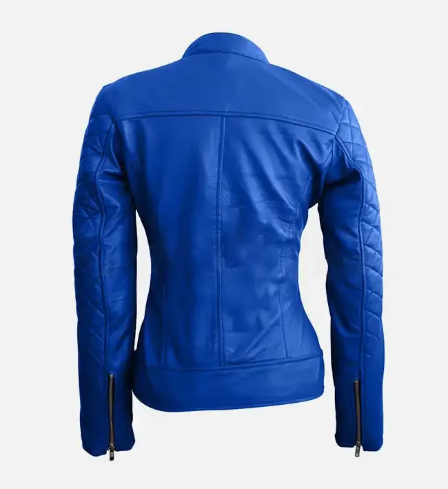 Women Blue Quilted Stylish Premium Leather Jacket