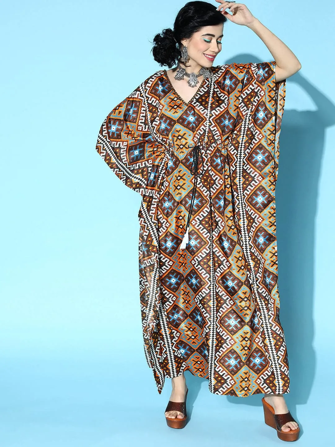 Women Mustard Geometric Print Kaftan Dress