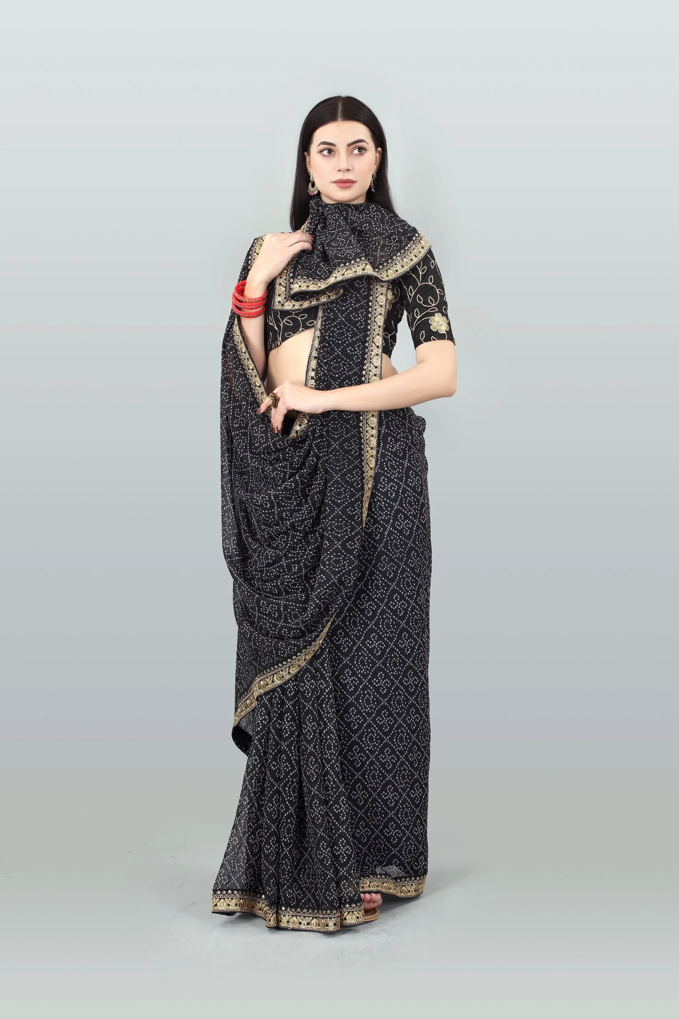 Women Party Wear Bandhani Printed Black Colour Georgette Saree Collection