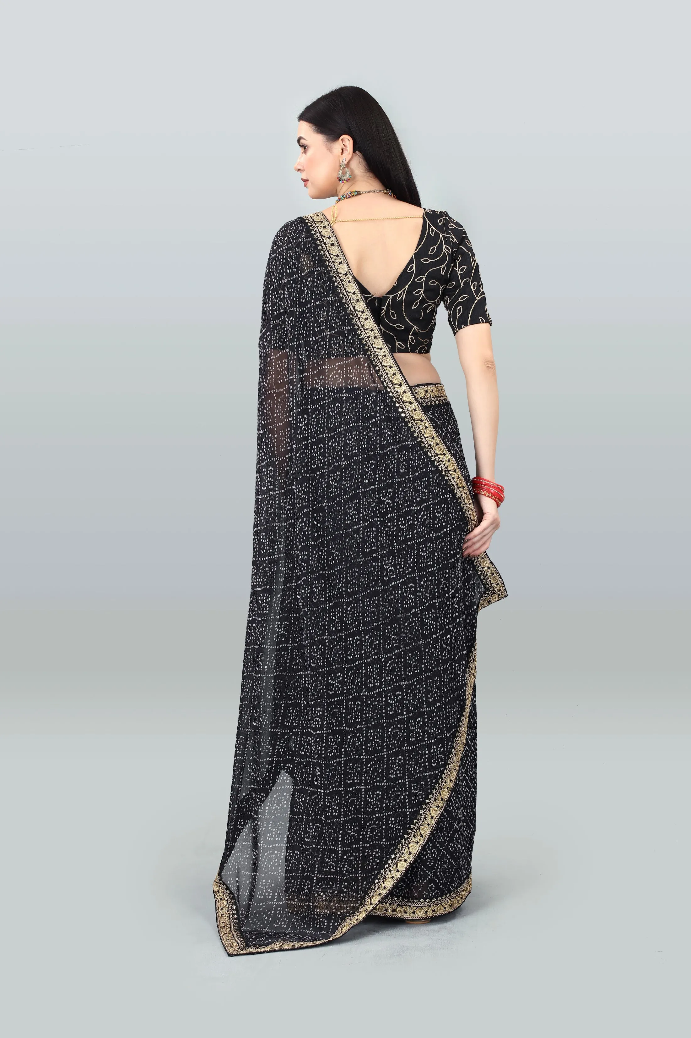 Women Party Wear Bandhani Printed Black Colour Georgette Saree Collection