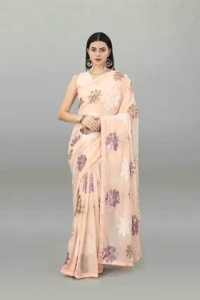 Women Party Wear Sequence Worked Peach Colour Heavy Georgette Saree Collection