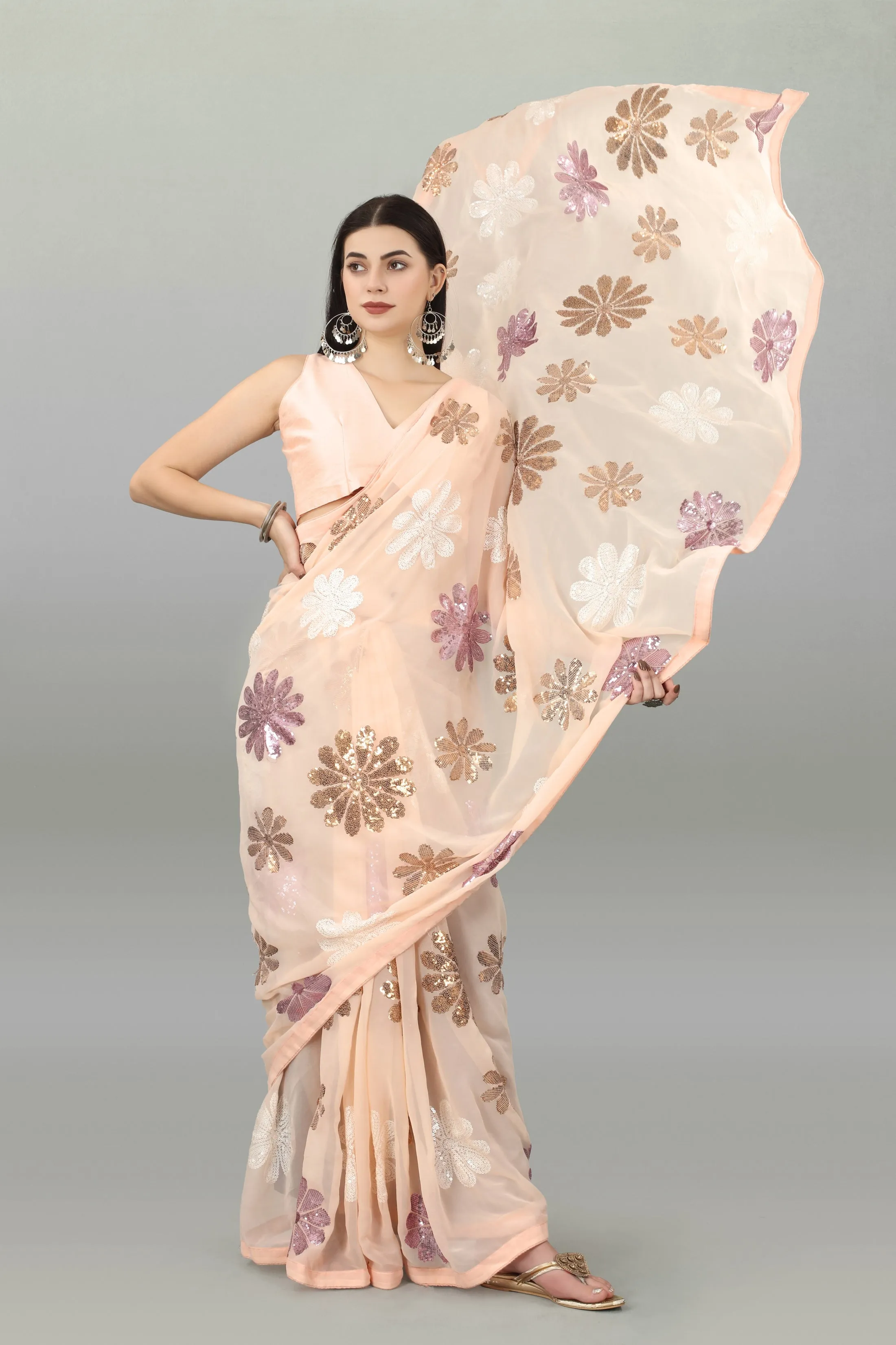 Women Party Wear Sequence Worked Peach Colour Heavy Georgette Saree Collection