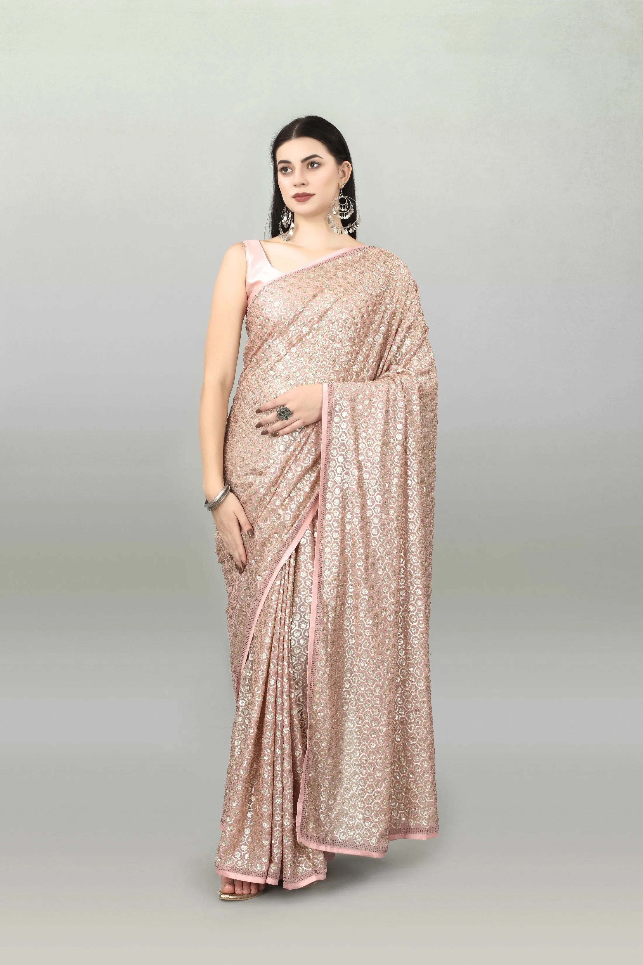 Women Party Wear Sequence Worked Pink Colour Heavy Georgette Saree Collection