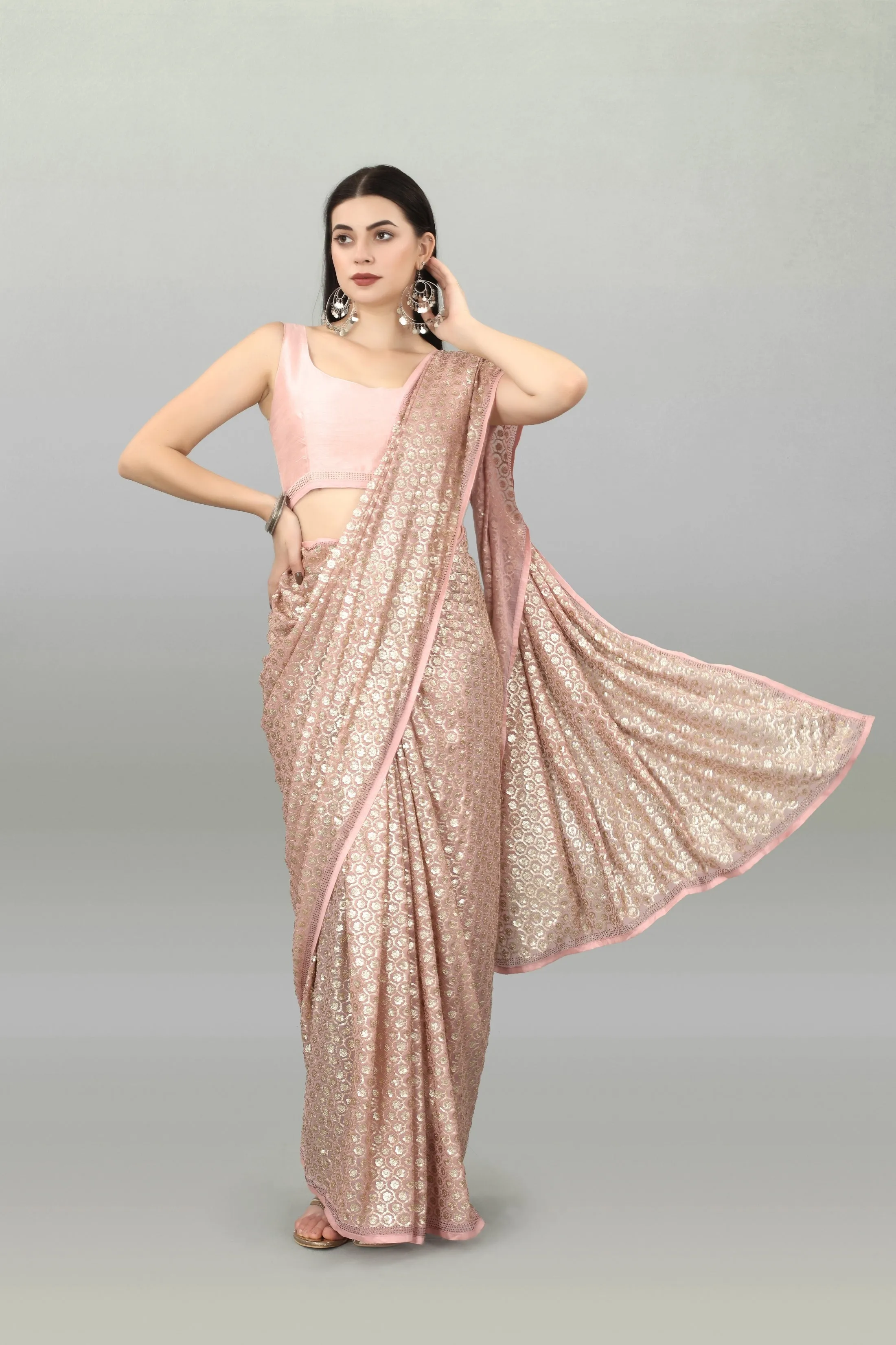 Women Party Wear Sequence Worked Pink Colour Heavy Georgette Saree Collection