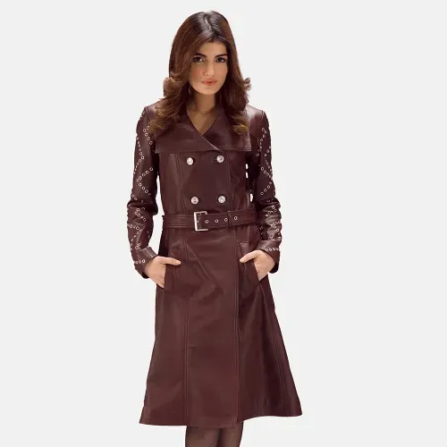 Womens Burgundy Leather Trench Coat