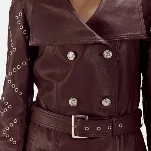 Womens Burgundy Leather Trench Coat