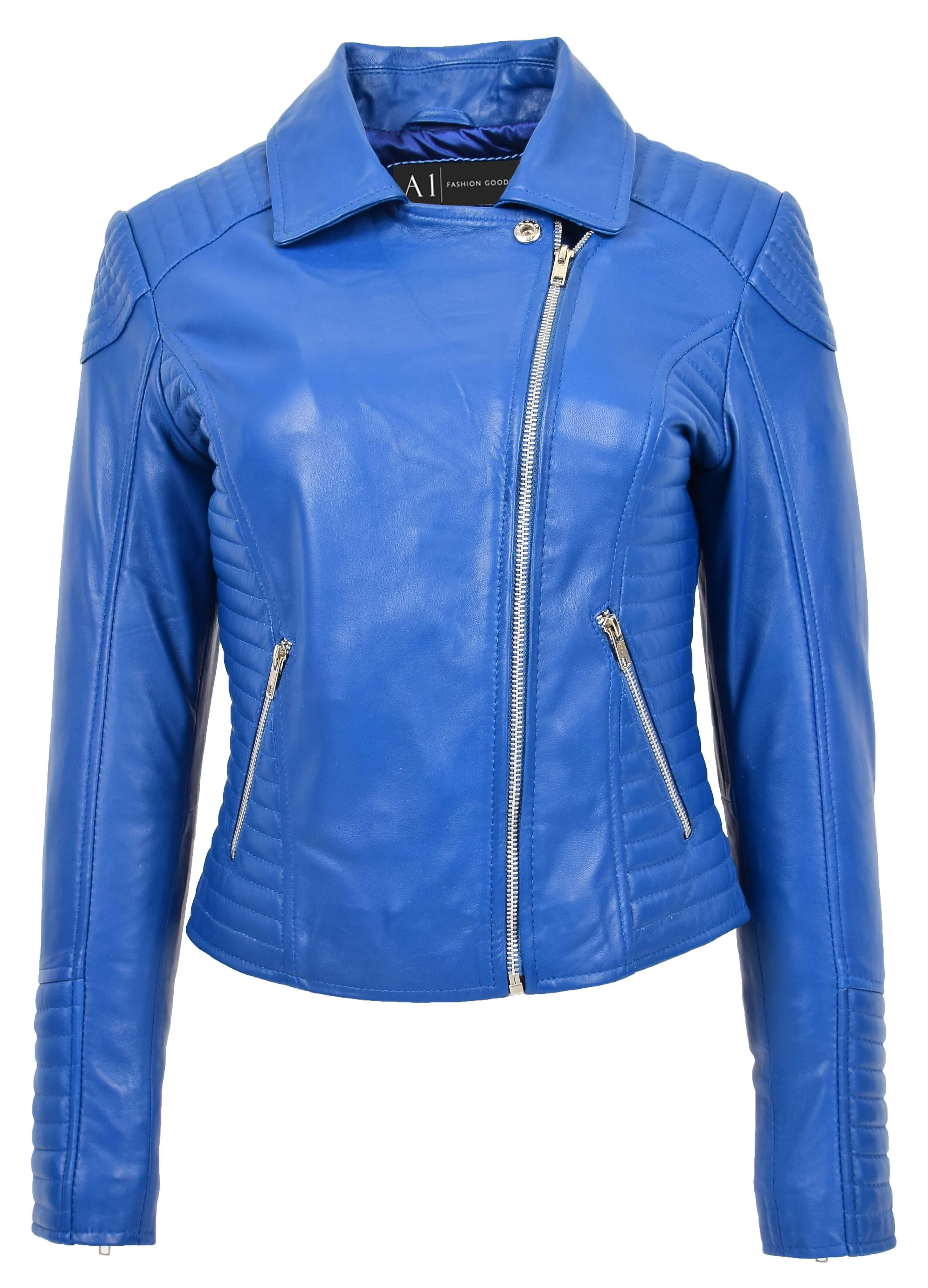 Womens Designer Leather Biker Jacket Fitted Quilted Bonita Blue