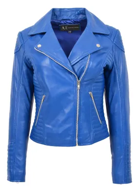 Womens Designer Leather Biker Jacket Fitted Quilted Bonita Blue