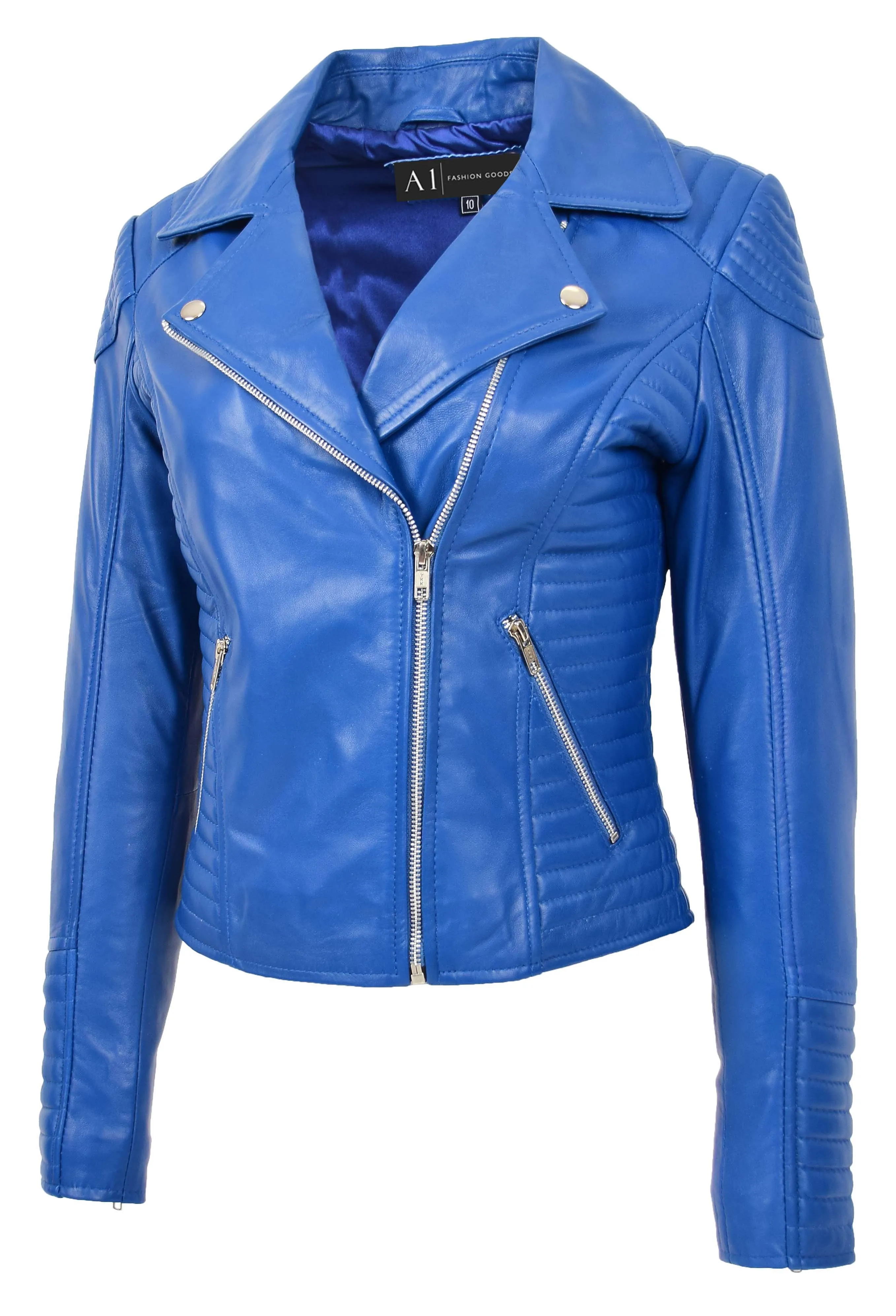 Womens Designer Leather Biker Jacket Fitted Quilted Bonita Blue