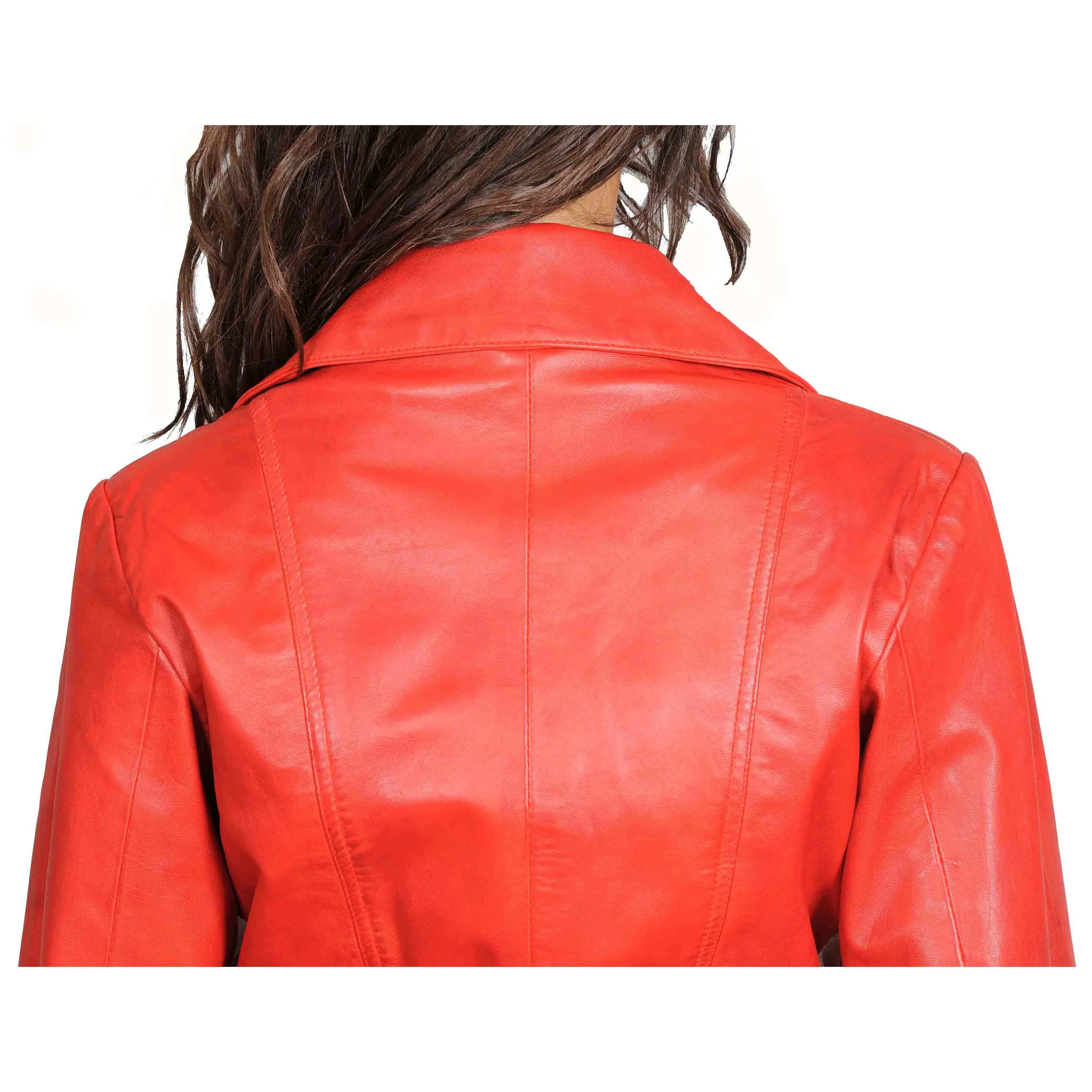 Womens Fitted Mid Length Biker Leather Jacket Hannah Red