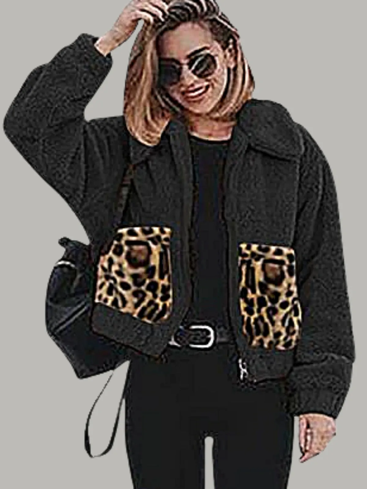 Women's Fluffy Fleece jacket with Leopard Pockets