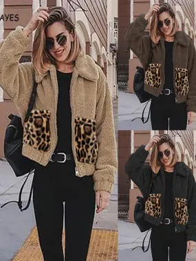 Women's Fluffy Fleece jacket with Leopard Pockets