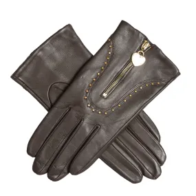 Women's Lined Leather Gloves with Studs and Heart Pendant