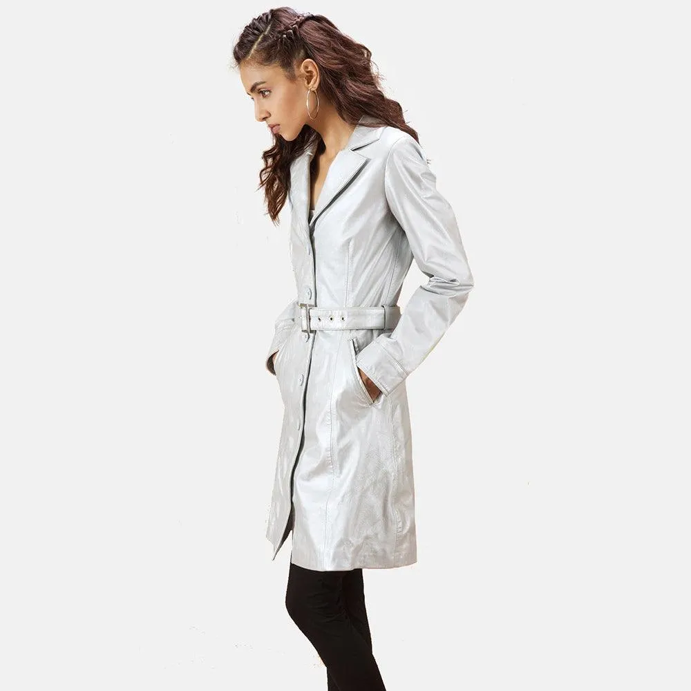 Womens Moonlight Silver Leather Trench Coat