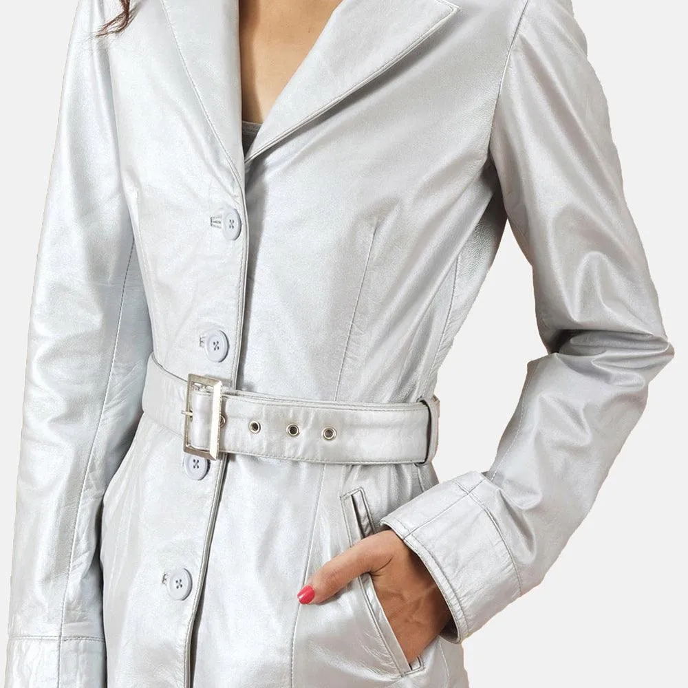 Womens Moonlight Silver Leather Trench Coat