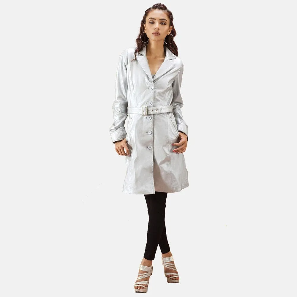 Womens Moonlight Silver Leather Trench Coat