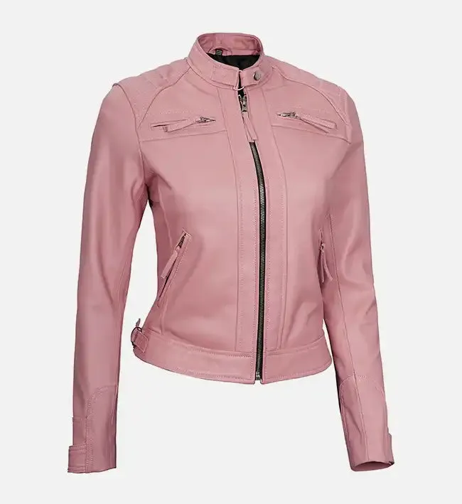 Women's Pink Diamond Cafe Racer Leather Jacket