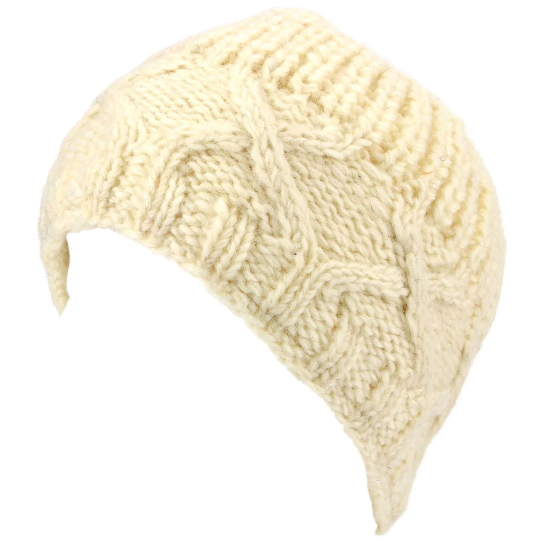 Wool Beanie Hat with Chunky Cross Cable Knit Design - Off White