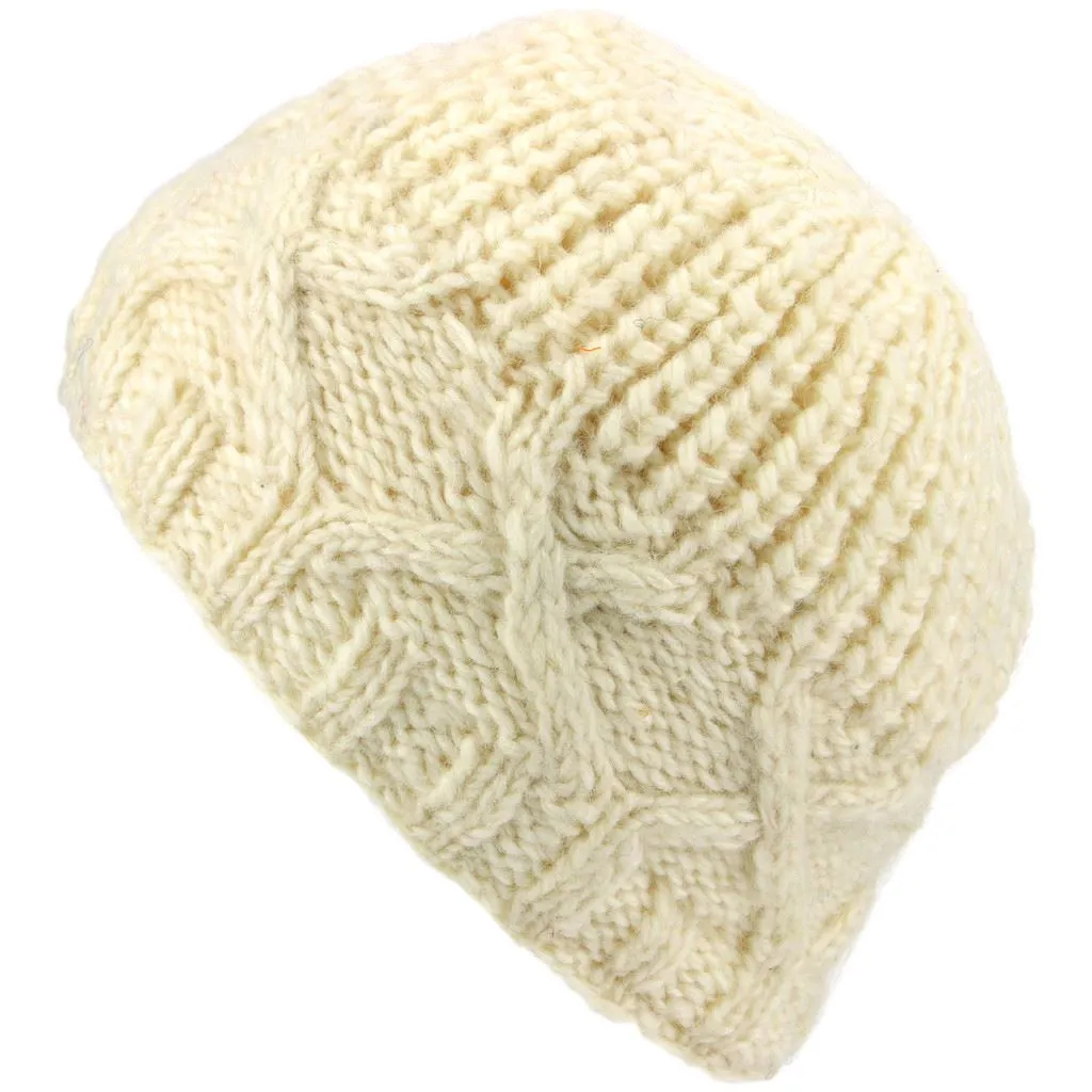 Wool Beanie Hat with Chunky Cross Cable Knit Design - Off White