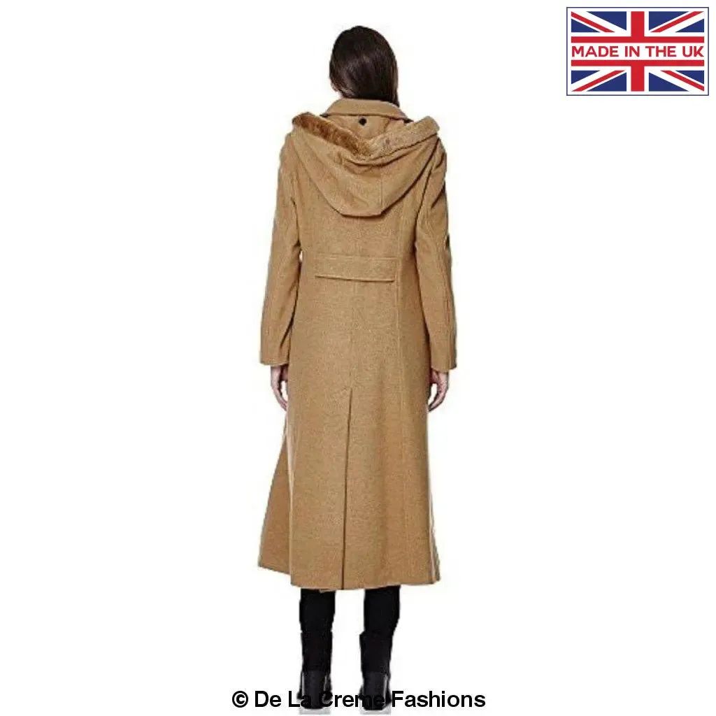 Wool Blend Faux Fur Trim Hooded Long Coat