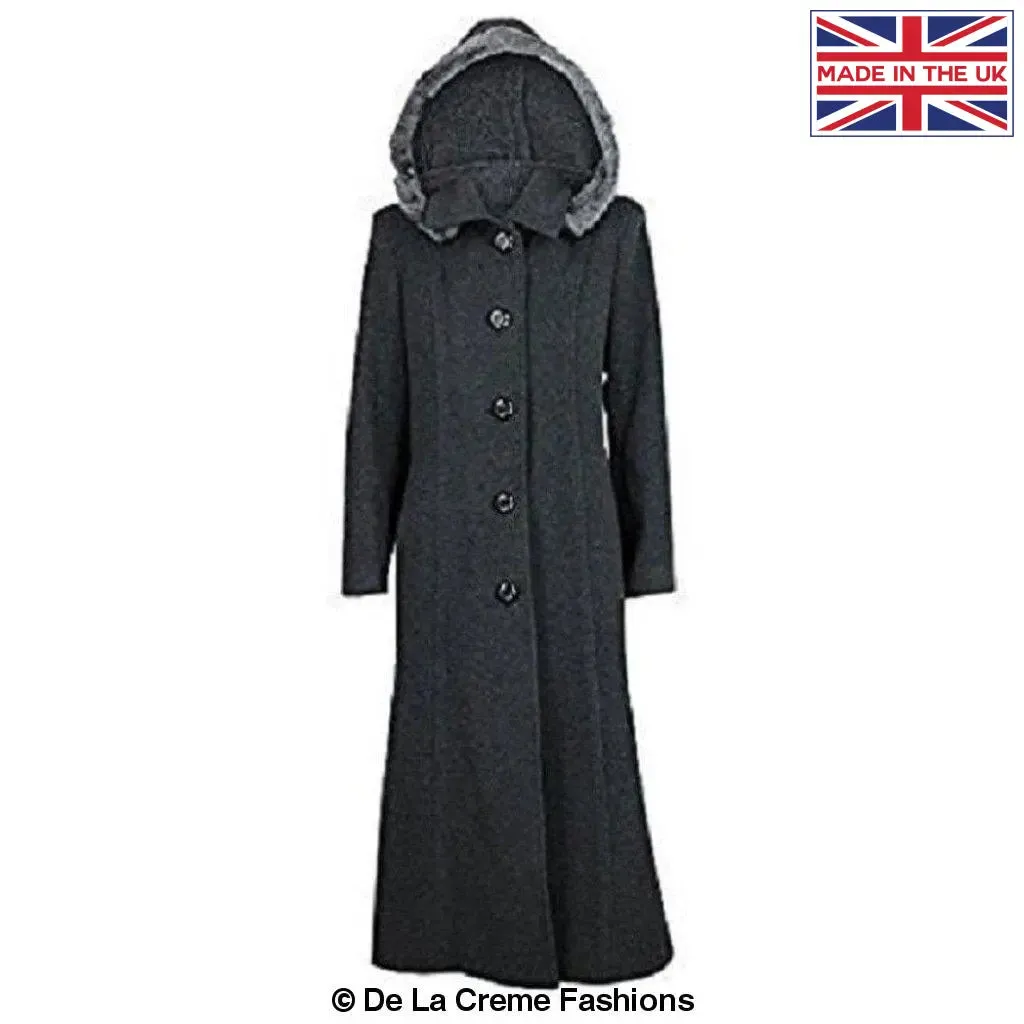 Wool Blend Faux Fur Trim Hooded Long Coat