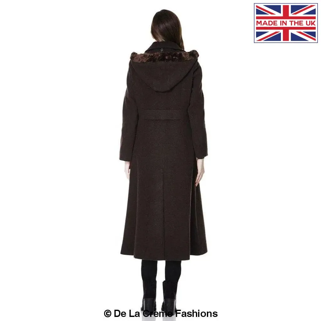 Wool Blend Faux Fur Trim Hooded Long Coat