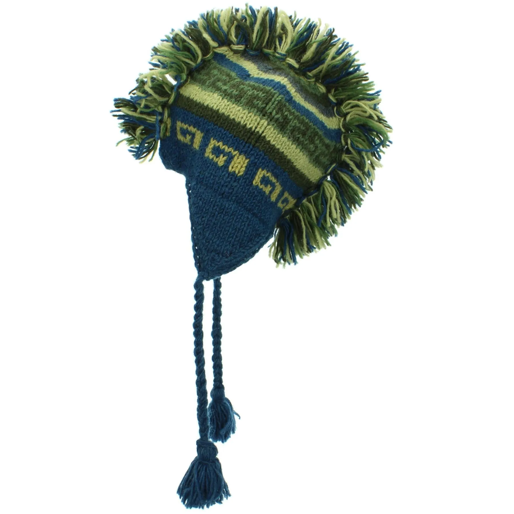 Wool Knit 'Punk' Mohawk Earflap Beanie Hat - Blue & Green (Adult)